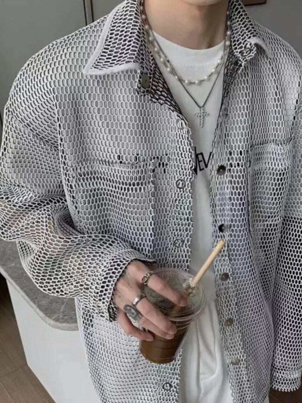 Mens Womens Sz XXL Silver Streetwear Shirt Mesh Oversized Trendy DJ Clubbing